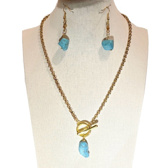 🌹HP🌹Last❣️ ✨NEW✨ Statement Real Turquoise O-Ring Gold Chain Necklace & Earrings - Picture 1 of 1